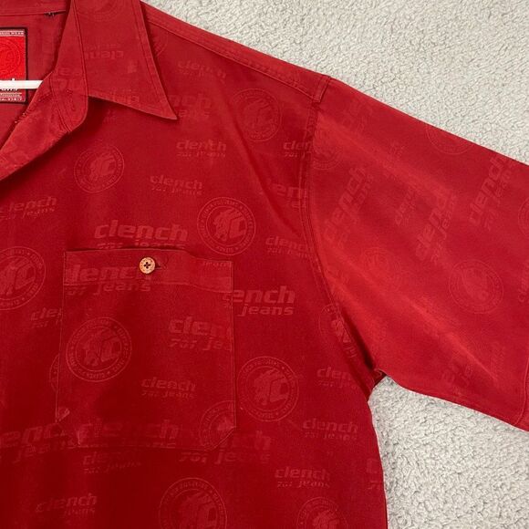 VTG Clench 701 Jeans Shirt Red Casual Y2K Skater Short Sleeve AOP Button Down - Picture 3 of 11